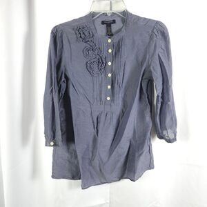 Banana Republic Slate Blue Pintuck Rosette 3/4 Sleeve Blouse Women's‎ M